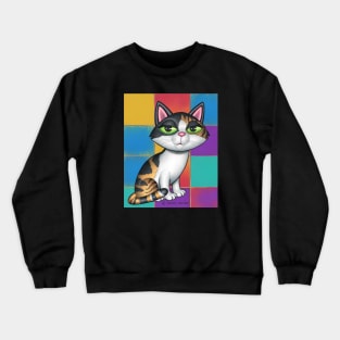 Cute Calico Kitty with Multi Colored Squares Crewneck Sweatshirt